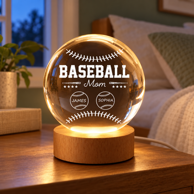 Baseball Mom And Kids Together - Personalized Crystal Ball LED Night Light - Mother's Day Gift For Baseball Mom, Gift For Wife