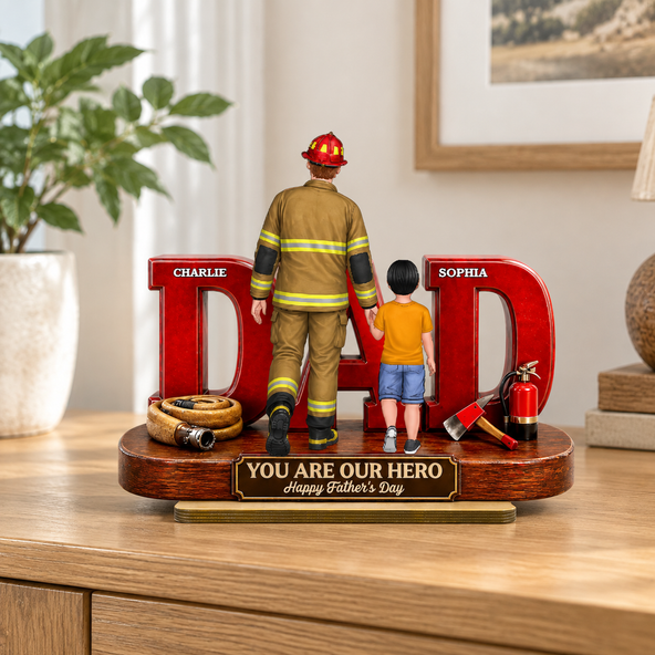 Proud American Firefighter Dad You Are Our Hero - Personalized 2-Layered Wooden Plaque - Father's Day Gift For Dad