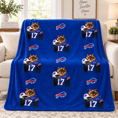 Personalized Pet Football Player Fleece Throw Blanket, Custom Dog Cat Portrait Sports Team Blanket, Game Day Home Decor Gift For Football Fans & Pet Lovers