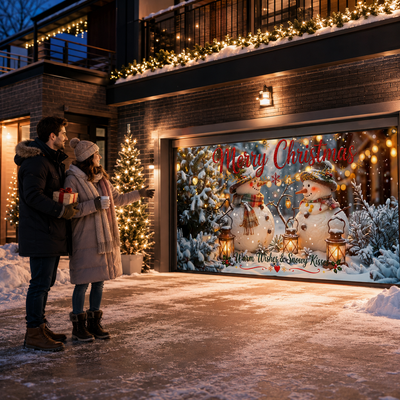 Christmas Garage Door Banner, Winter Santa Snowman Holiday Garage Door Cover, Outdoor Christmas Home Decor Gift For Family