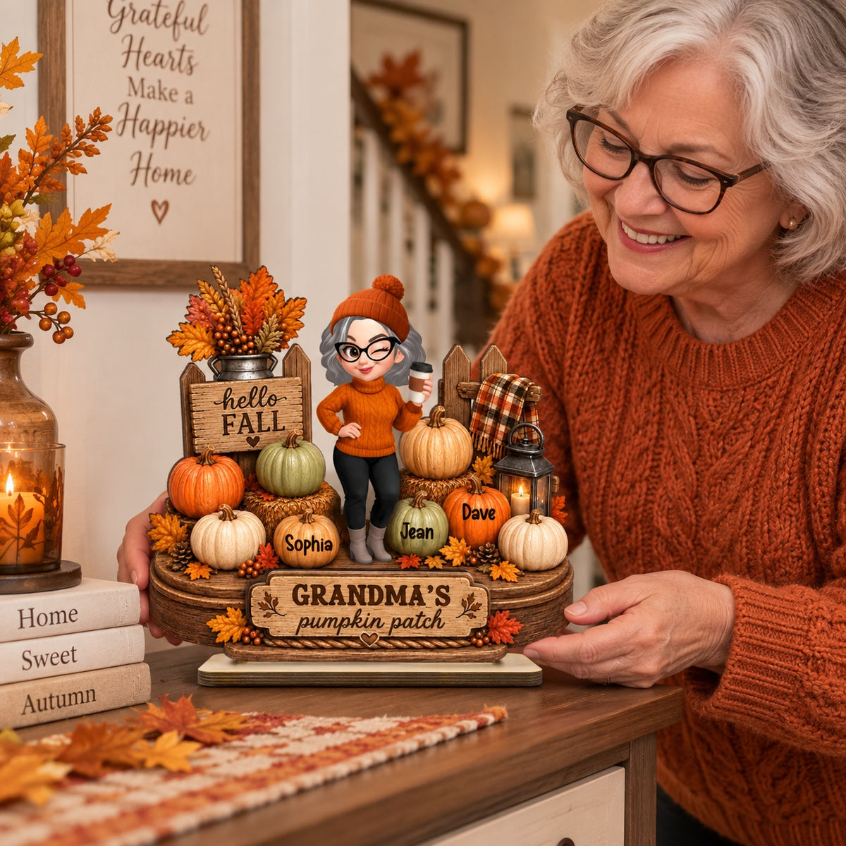 Custom Grandkids Name Pumpkin Patch Wooden Plaque, Personalized Grandma Fall 2-Layered Wooden Plaque Autumn Home Decor Gift For Grandma