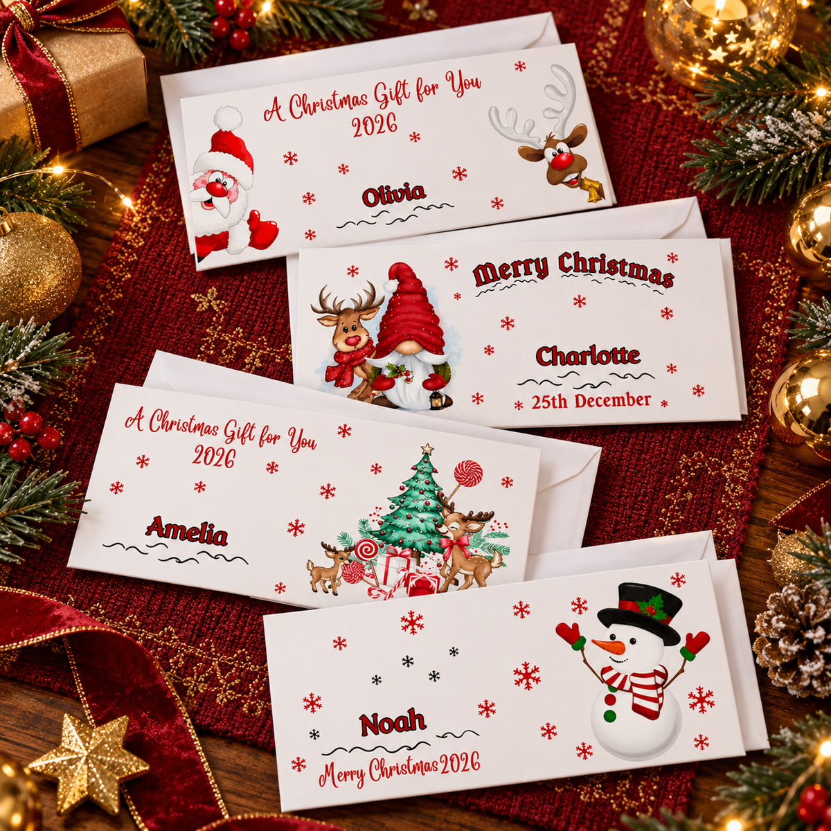 A Joyful Christmas Envelope of Surprise - Custom Christmas Money Wallet with Santa Elk Tree Design & Name, Perfect Stocking Stuffer for Kids
