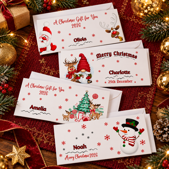 A Joyful Christmas Envelope of Surprise - Custom Christmas Money Wallet with Santa Elk Tree Design & Name, Perfect Stocking Stuffer for Kids
