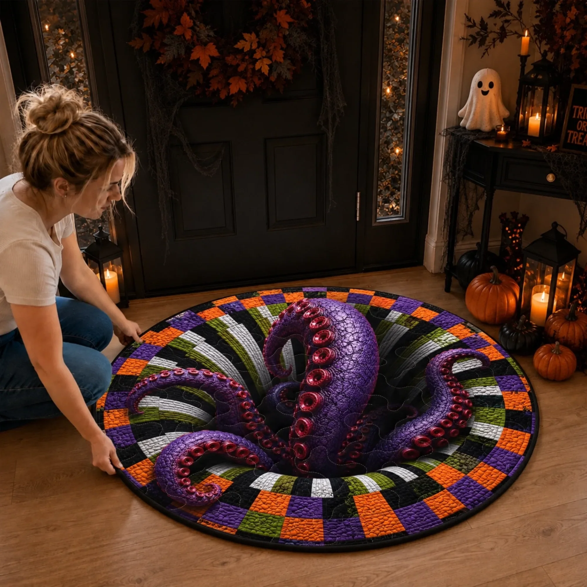 Halloween 3D Vortex Optical Illusion Round Rug, Non Slip Decorative Floor Mat, Spooky Visual Trap Design, Halloween Home Decor Gift for Family & Party Lovers