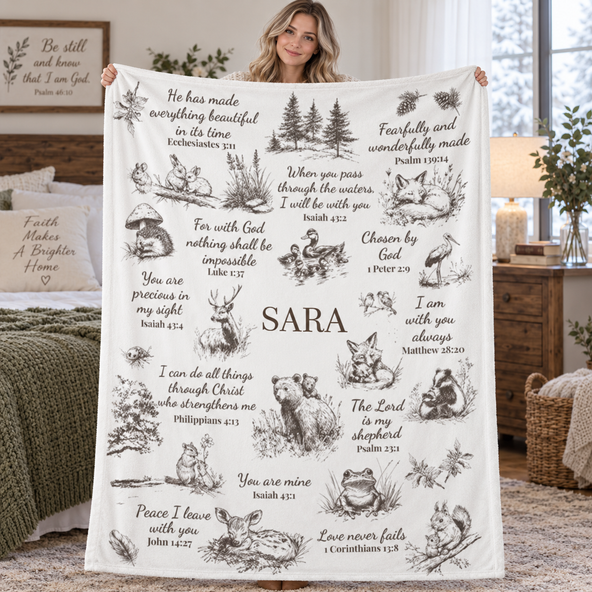 Personalized Christian Blanket – Custom Name Bible Verse Flannel Blanket, Baptism Gift for Baby and Family