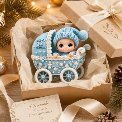3D Effect Newborn Baby In Carriage Christmas Personalized Ornament