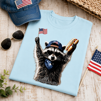 Personalized Patriotic Raccoon T-Shirt | Custom Name 4th of July Hot Dog USA Flag Graphic Tee