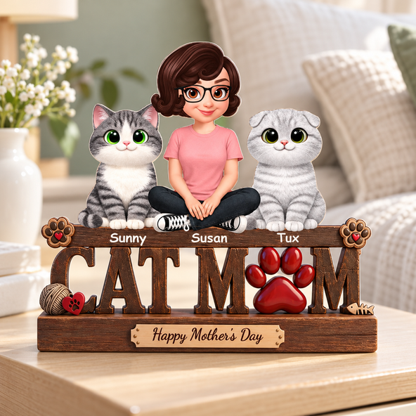 Cat Mom Cute Fluffy Cats Happy Mother's Day - Personalized 2-Layered Wooden Plaque - Mother's Day Gift For Cat Mom