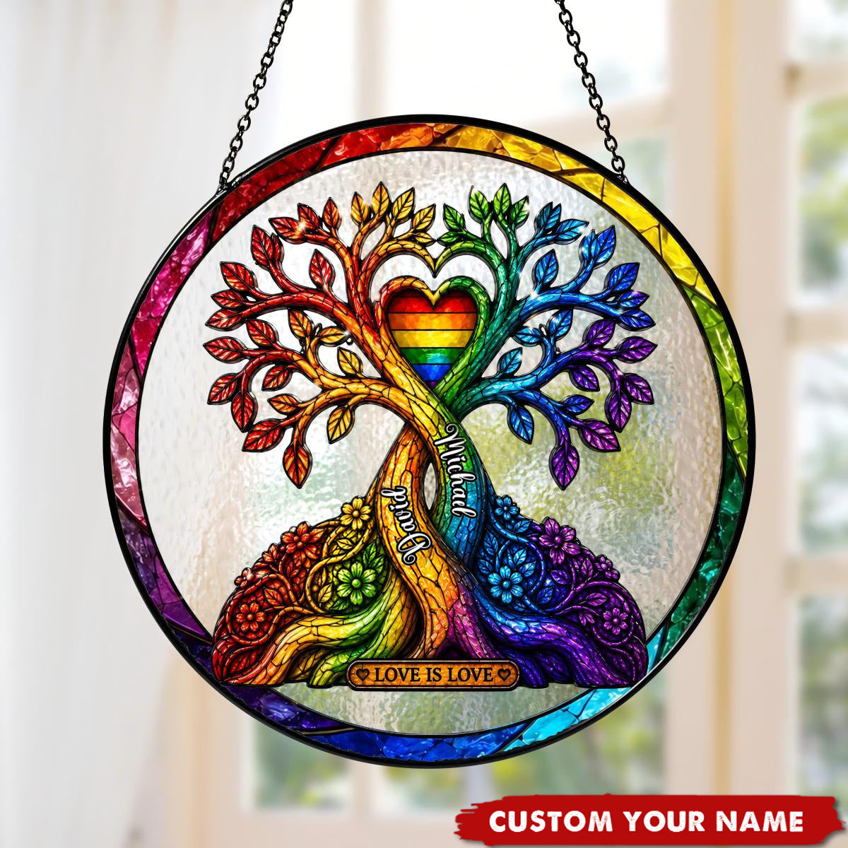 Personalized LGBTQ Tree of Love Suncatcher, Rainbow Pride Window Hanging