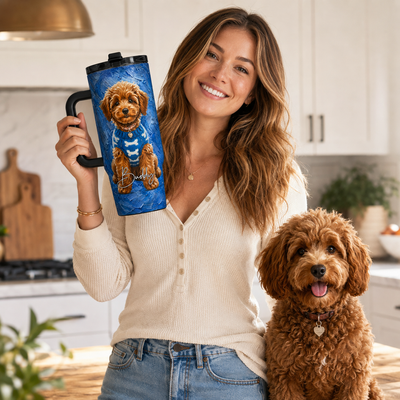 Custom Dog Oil Painting Tumbler, Personalized 40oz Stainless Steel Tumbler with Handle Pet Puppy Cup, Insulated Travel Mug for Pet Lovers