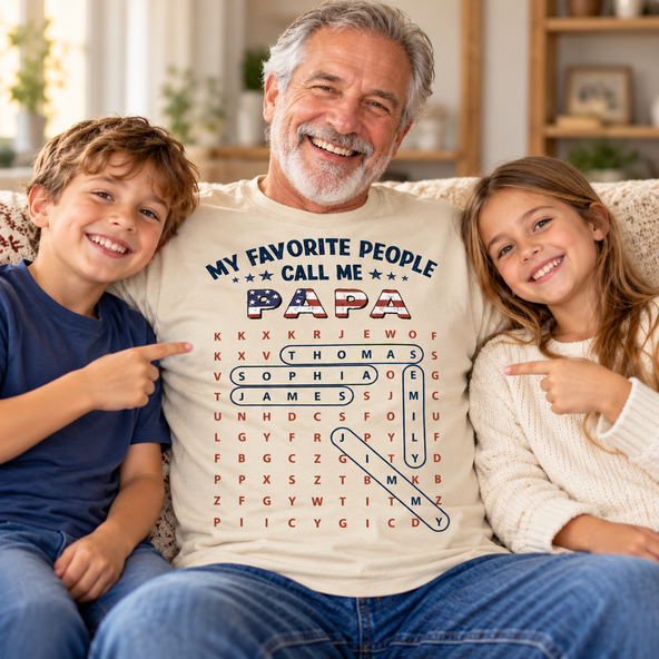 Grandpa's Favorite People Word Search Puzzle American Flag Theme - Personalized Shirt - Father's Day Gift For Grandpa, Dad