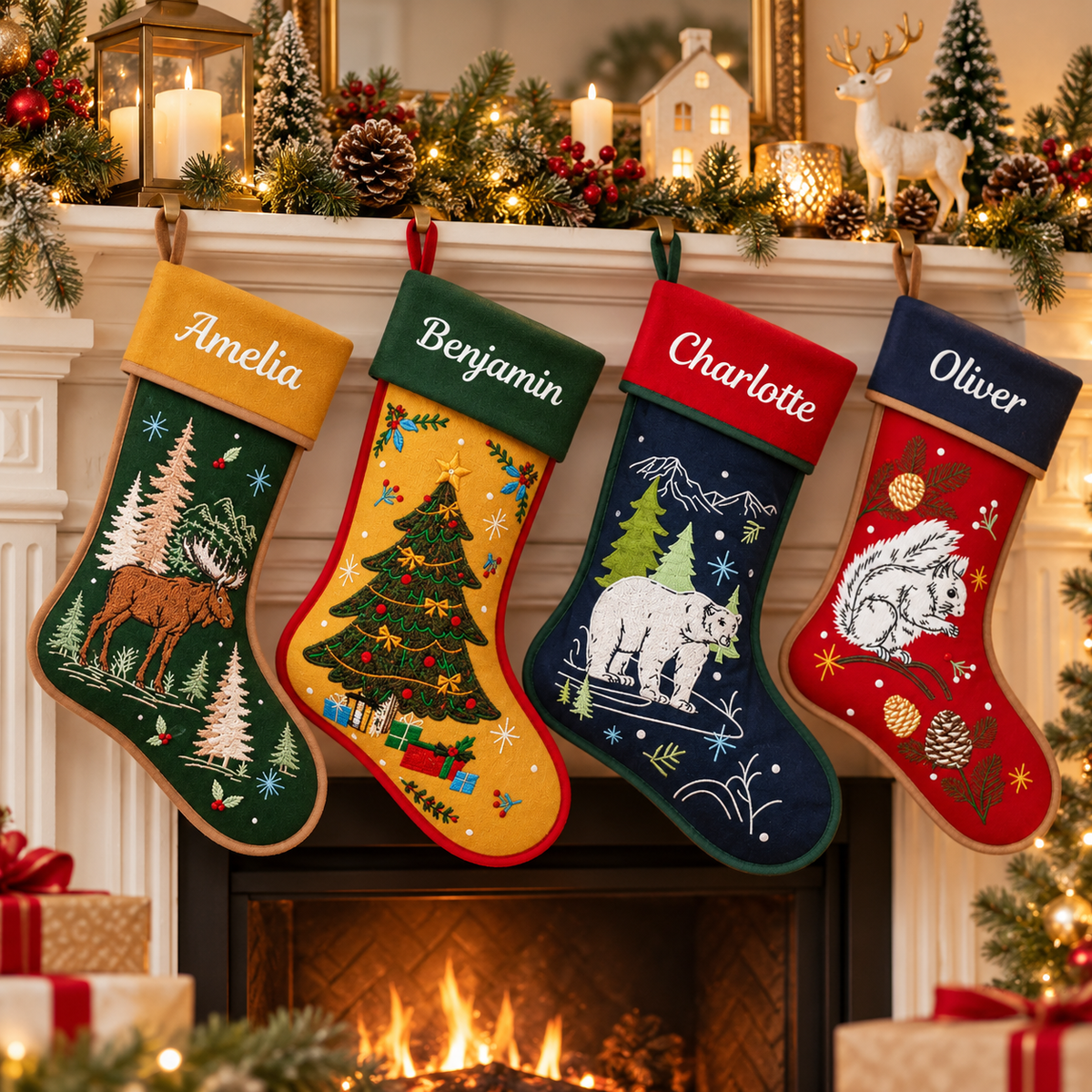Personalized Christmas Stockings, Vintage Farmhouse Holiday Stockings with Embroidered Names, Christmas Gift for Family and Kids