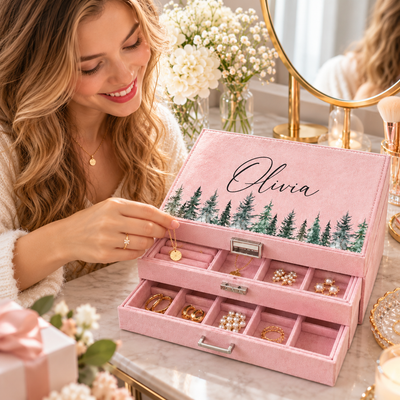 Personalized Wildflower Velvet Jewelry Box, Custom Name Large Jewelry Organizer with Drawer, Christmas Gift for Her