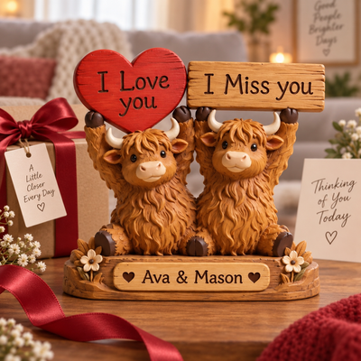 Personalized Highland Cow Couple With Custom Engraved Wooden Plaque, Anniversary Keepsake Gift For Couples
