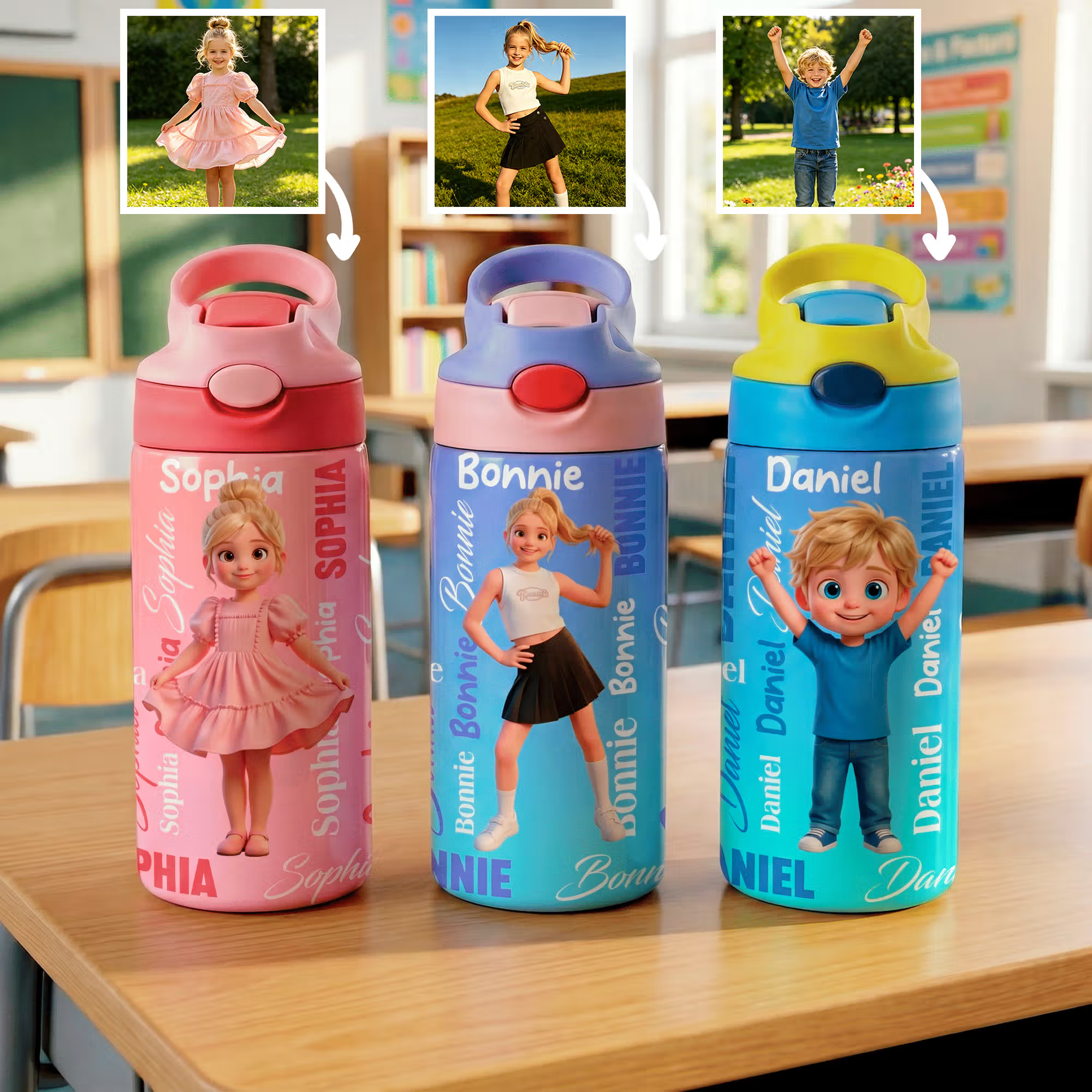 Personalized Cartoon Character BPA-Free Transparent Insulated Water Bottle with Straw Handle and Name Back to School Birthday Gift for Kids