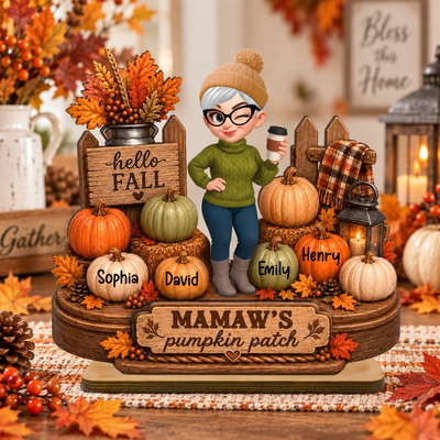 Custom Grandkids Name Pumpkin Patch Wooden Plaque, Personalized Grandma Fall 2-Layered Wooden Plaque Autumn Home Decor Gift For Grandma