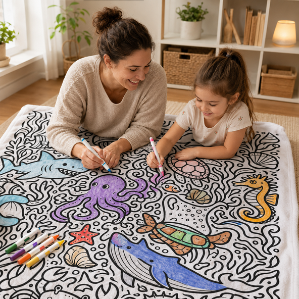 Personalized Custom Name Kids Coloring Blanket Dinosaur / Ocean Under Sea / Halloween Spooky Doodle Line Art DIY Colorable Flannel Blanket
