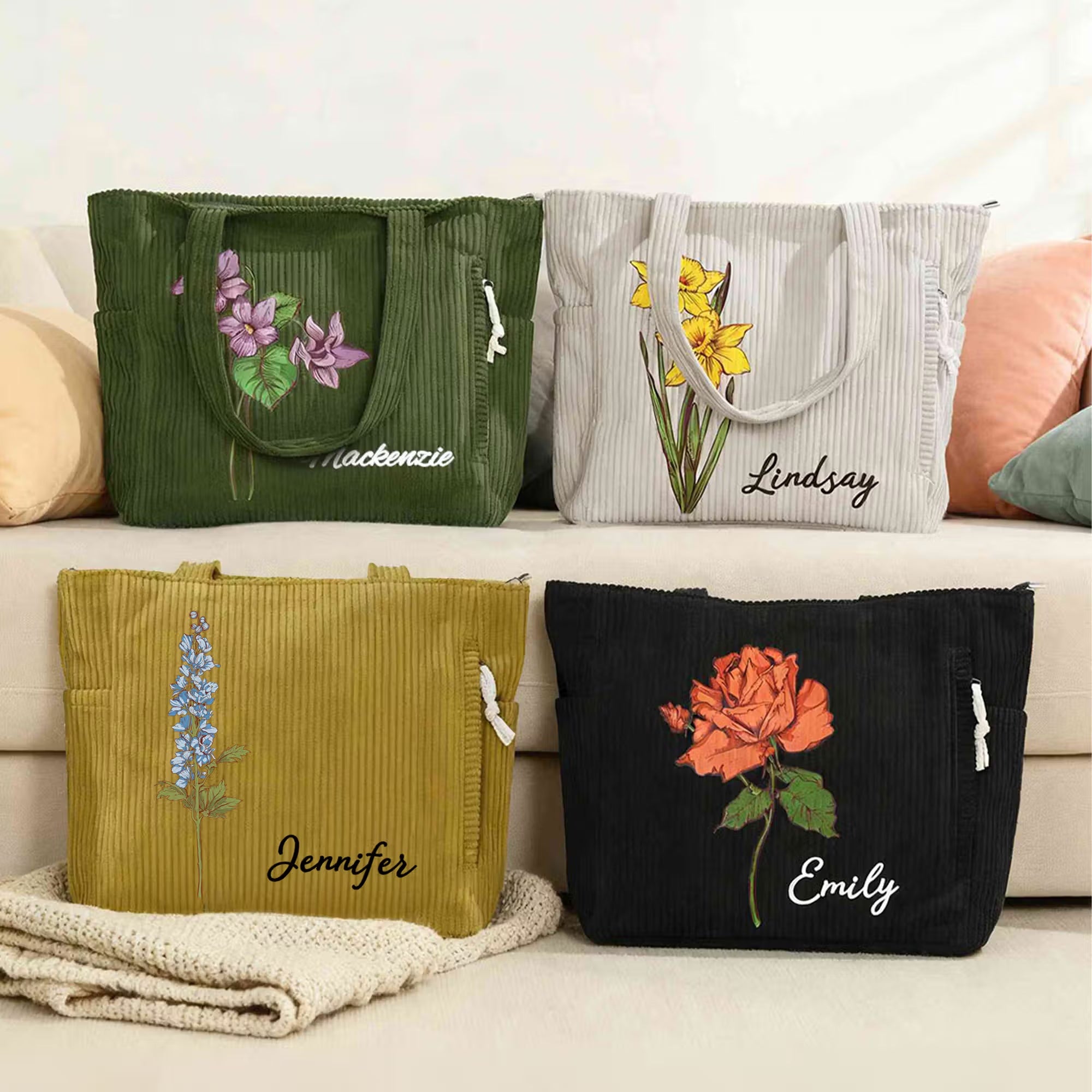  Personalized Birth Flower Corduroy Large Capacity Tote Bag with Name Daily Use Birthday Gift for Women