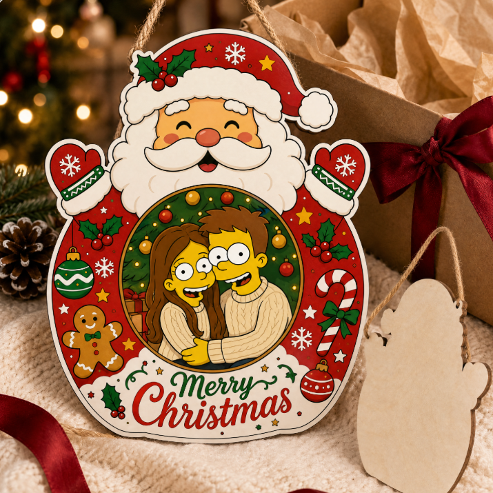 Personalized Family Photo Christmas Lenticular Raster Wood Sign Hanger, Custom Picture Santa Snowman Gingerbread Reindeer Wooden Sign, Holiday Home Gift for Family