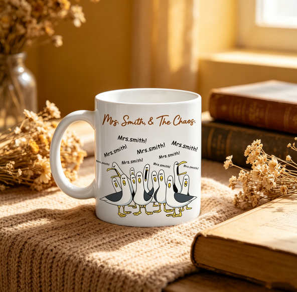 Personalized Teacher Seagull Mug - Funny Custom Teacher Name Coffee Cup, "Mine!" Inspired Appreciation Gift