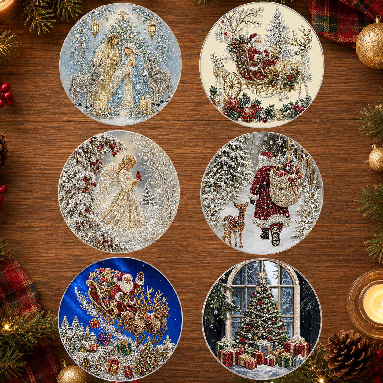 DIY Diamond Painting Coaster Kit, Round Christmas Diamond Art Kit, Nativity Scene & Santa Sleigh DIY Drill Craft, Xmas Holiday Table Decor, Christmas Gift for Adults