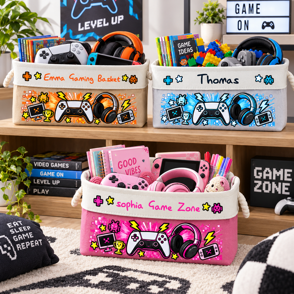 Gaming Basket For Son, Daughter Custom With Name - Personalized Storage Basket