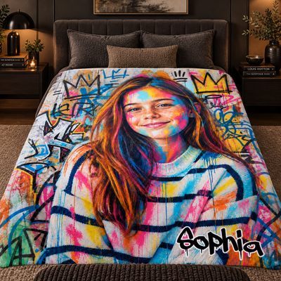 Personalized Street Graffiti Ink Splattered Art Style Photo Soft Throw Blanket with Name Room Decor Birthday Christmas Gift for Family Friends