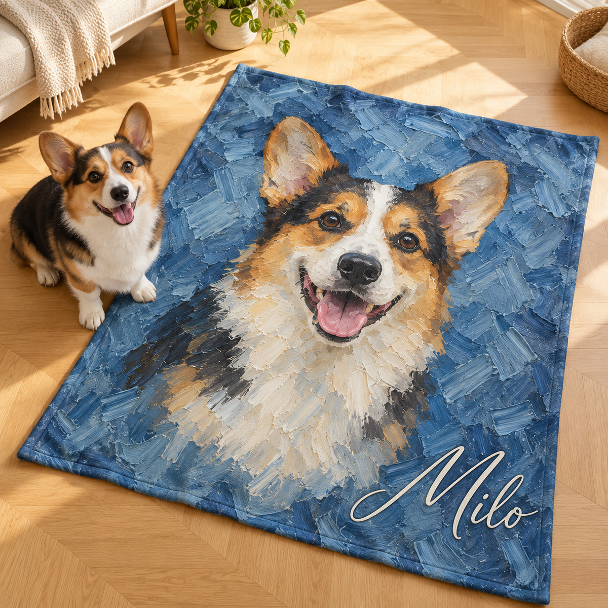Personalized Oil Painting Style Pet Photo Soft Throw Blanket with Name Home Decor Birthday Pet Memorial Gift for Pet Lovers