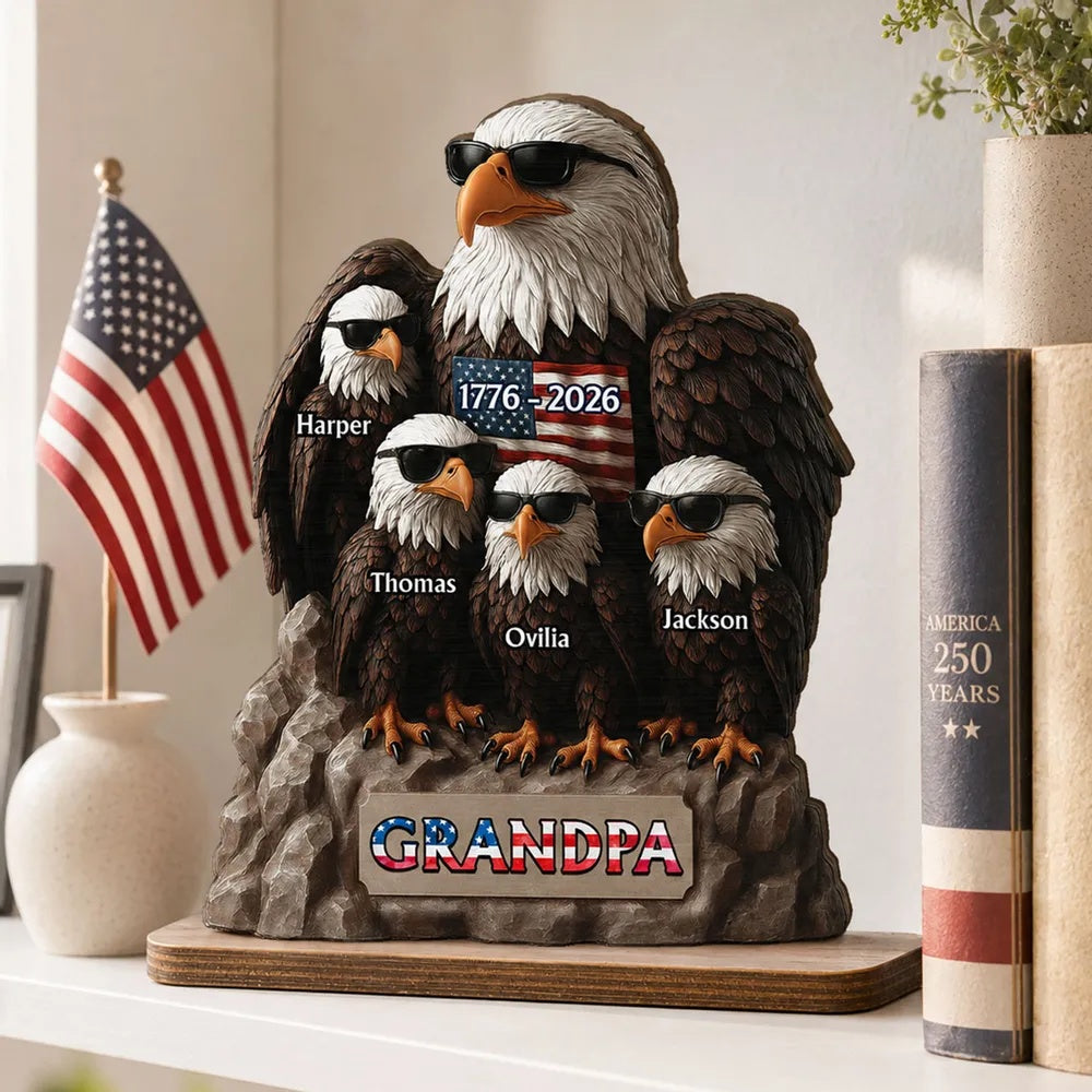 America 250th Anniversary Patriotic Eagle Grandpa Dad & Kids - Personalized 2-Layered Wooden Plaque - Father's Day Gift, 250th Anniversary Gift, Keepsake For Grandpa, Dad