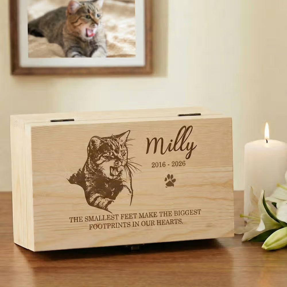 Personalized Engraved Pet Portrait Wooden Memory Storage Box with Name Text and Year Loss of Pet Memorial Gift for Pet Owner Lover