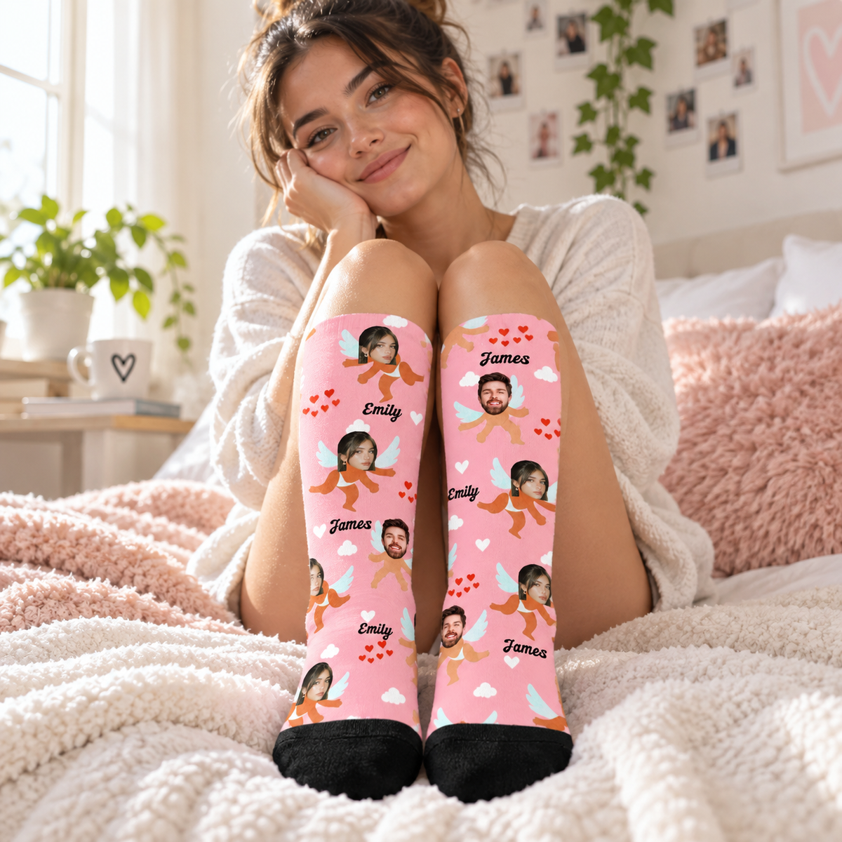 Custom Couple Face Socks, Upload Your Photo Personalized Cupid Socks, Funny Custom Photo Socks, Romantic Valentine Gift for Him Her