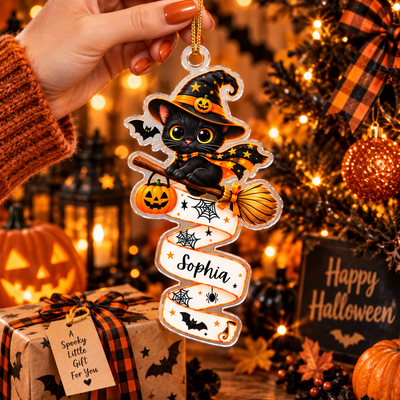 Personalized Halloween Acrylic Ornament, Custom Name Cute Witch Animal Tree Hanging Decor, Ghost, Black Cat, Owl & Dachshund Spooky Season Gift for Kids