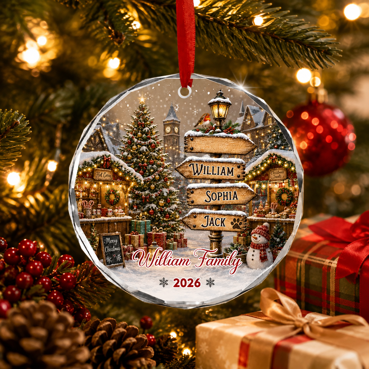 Custom Name Signpost Family Christmas Ornament, Snowy Village Crystal Glass Keepsake