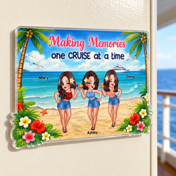 Pretty Cruise Besties On The Beach - Personalized Cruise Cabin Door Magnet - Girls Trip Cruise Trip Keepsake