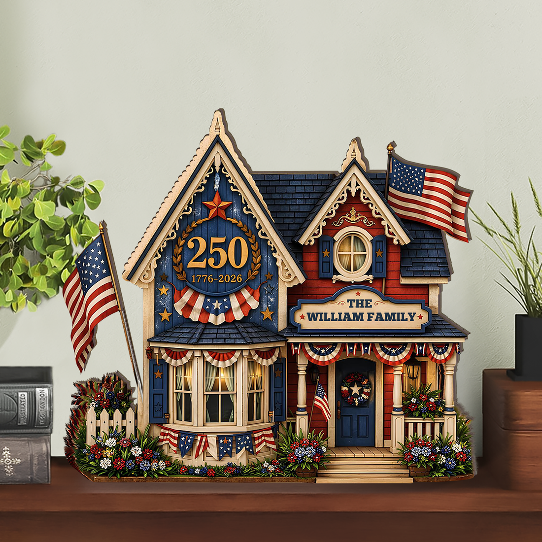 Custom Family Name USA 250th Anniversary Wooden Block | Personalized Wooden House Decor | Patriotic 4th Of July Decoration