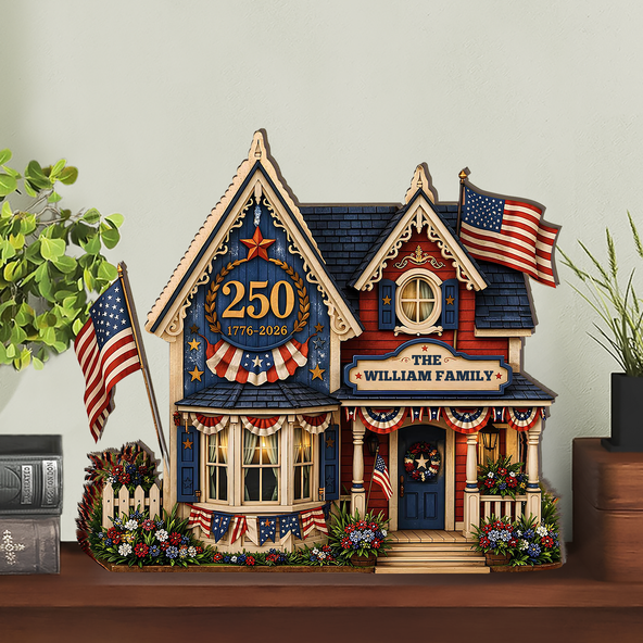 Custom Family Name USA 250th Anniversary Wooden Block | Personalized Wooden House Decor | Patriotic 4th Of July Decoration