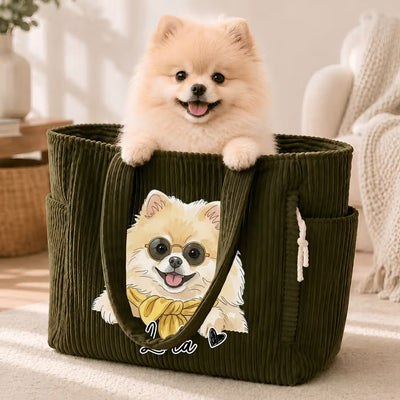 Personalized Cartoon Watercolor Pet Corduroy Tote Bag, Custom Name Gift for Pet Lovers