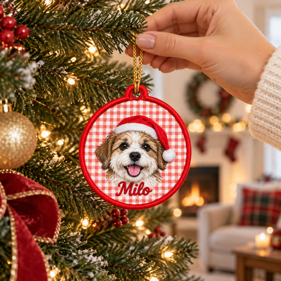 Custom Pet Photo Christmas Embroidered Ornament, Personalized Dog Cat Pet Memorial Keepsake, Holiday Tree Decor Gift for Pet Owners