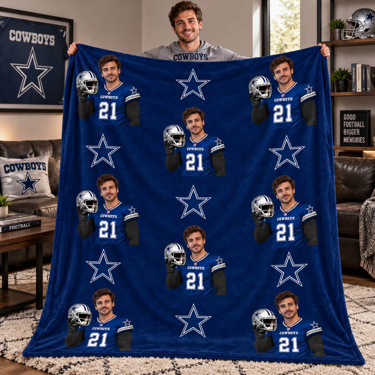 Personalized Football Team Photo Flannel Blanket – Custom Photo Character Throw for Christmas, Gift for Kids & Football Fans