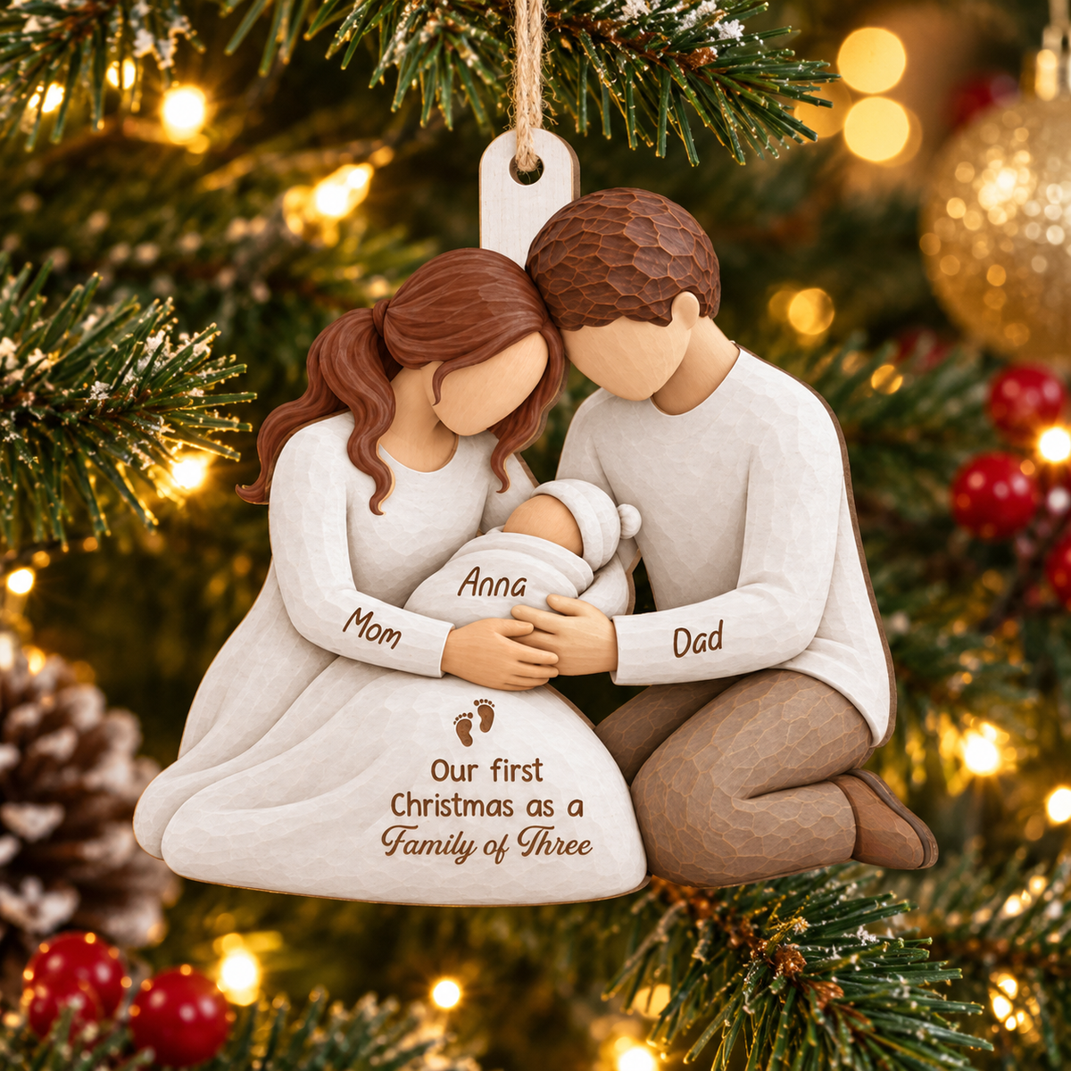 Kneeling Parents with Baby 1 Layer Wood Ornament - Personalized Christmas Family Gifts