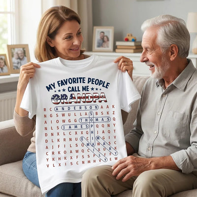 Grandpa's Favorite People Word Search Puzzle American Flag Theme - Personalized Shirt - Father's Day Gift For Grandpa, Dad