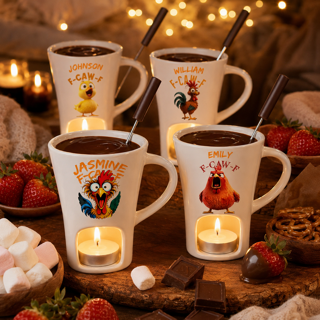Honeydak Caw F Chocolate Fondue Mug - Personalized Funny Chocolate Ceramic Mug Hidden Message Chicken Fondue Cup for Sarcastic Rooster White Elephant Gag Gift