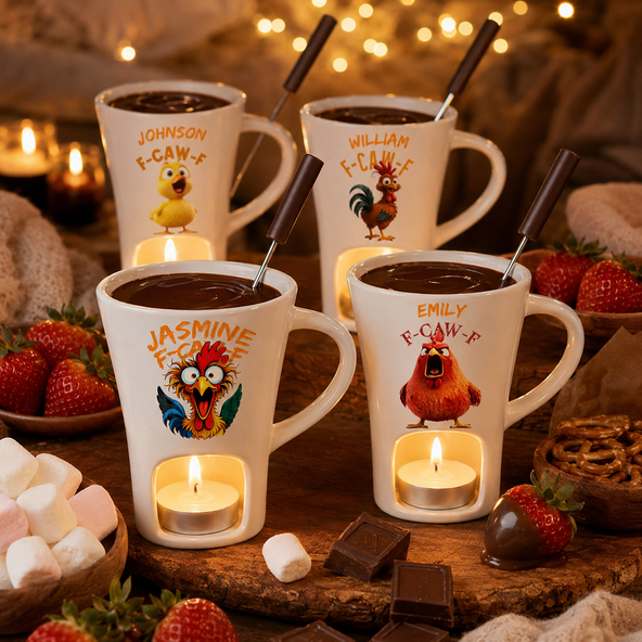 Honeydak Caw F Chocolate Fondue Mug - Personalized Funny Chocolate Ceramic Mug Hidden Message Chicken Fondue Cup for Sarcastic Rooster White Elephant Gag Gift