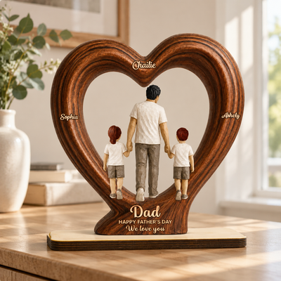 Sentimental Rustic Dad And Kids Walking In Heart 2D Flat - Personalized 2-Layered Wooden Plaque - Father's Day Gift For Dad, Husband