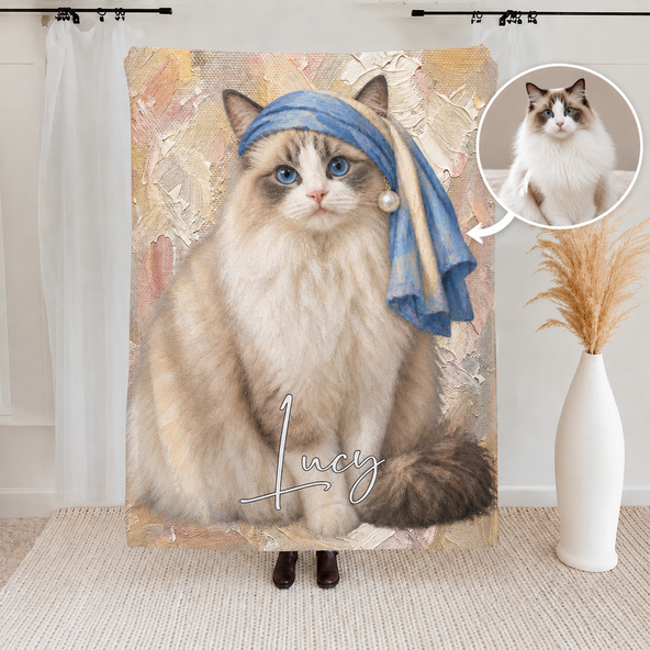 Personalized Pet Portrait Blanket – Custom Fine Art Style Dog & Cat Photo with Pearl-Inspired Detail, Holiday Gift for Pet Owners & Pet Lovers