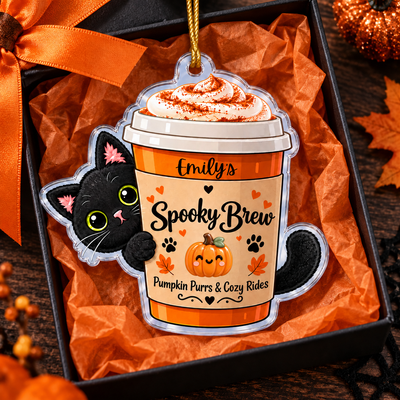 Personalized Spooky Brew Black Cat Acrylic Keychain, Custom Name Pumpkin Coffee Cup Halloween Ornament, Cute Fall Cat Bag Charm Gift For Cat Lovers
