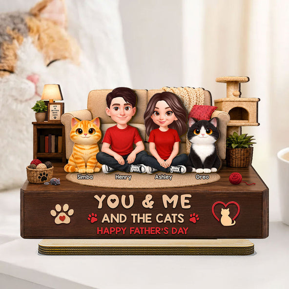 You & Me And The Cats Cozy Room - Personalized 2-Layered Wooden Plaque - Father's Day Gift For Cat Dad