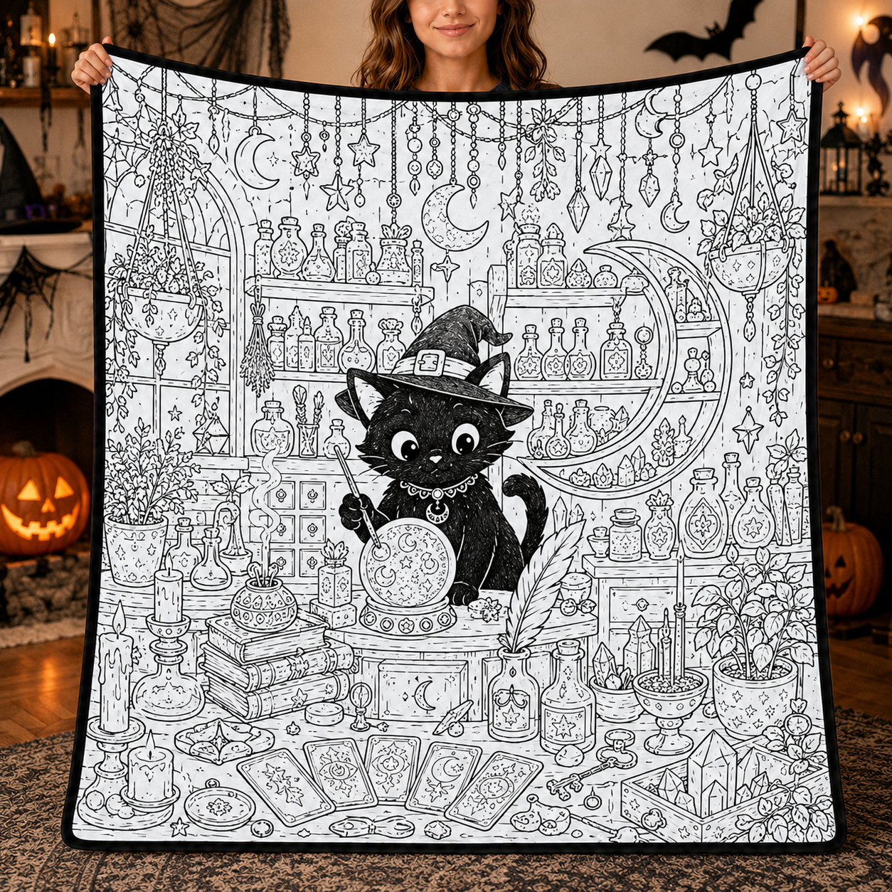Halloween DIY Coloring Blanket, Black and White Line Art Throw, Ghost Pumpkin Witch Haunted House Coloring Activity Blanket for Kids & Adults, Holiday Gift