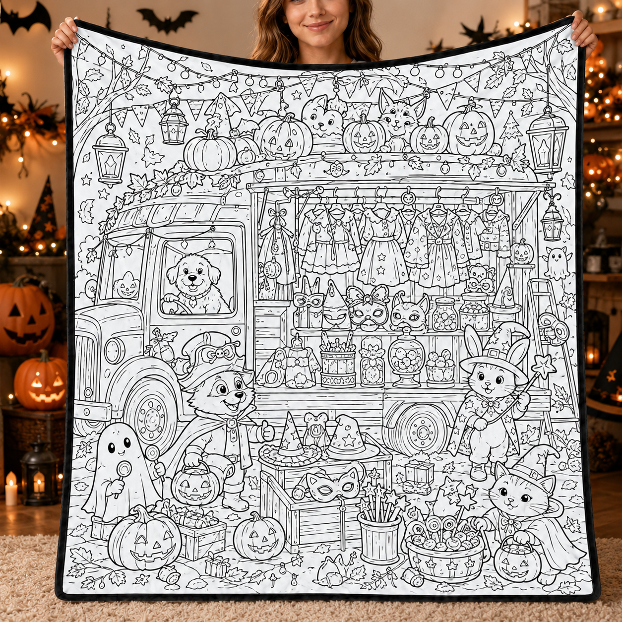 Halloween DIY Coloring Blanket, Black and White Line Art Throw, Ghost Pumpkin Witch Haunted House Coloring Activity Blanket for Kids & Adults, Holiday Gift