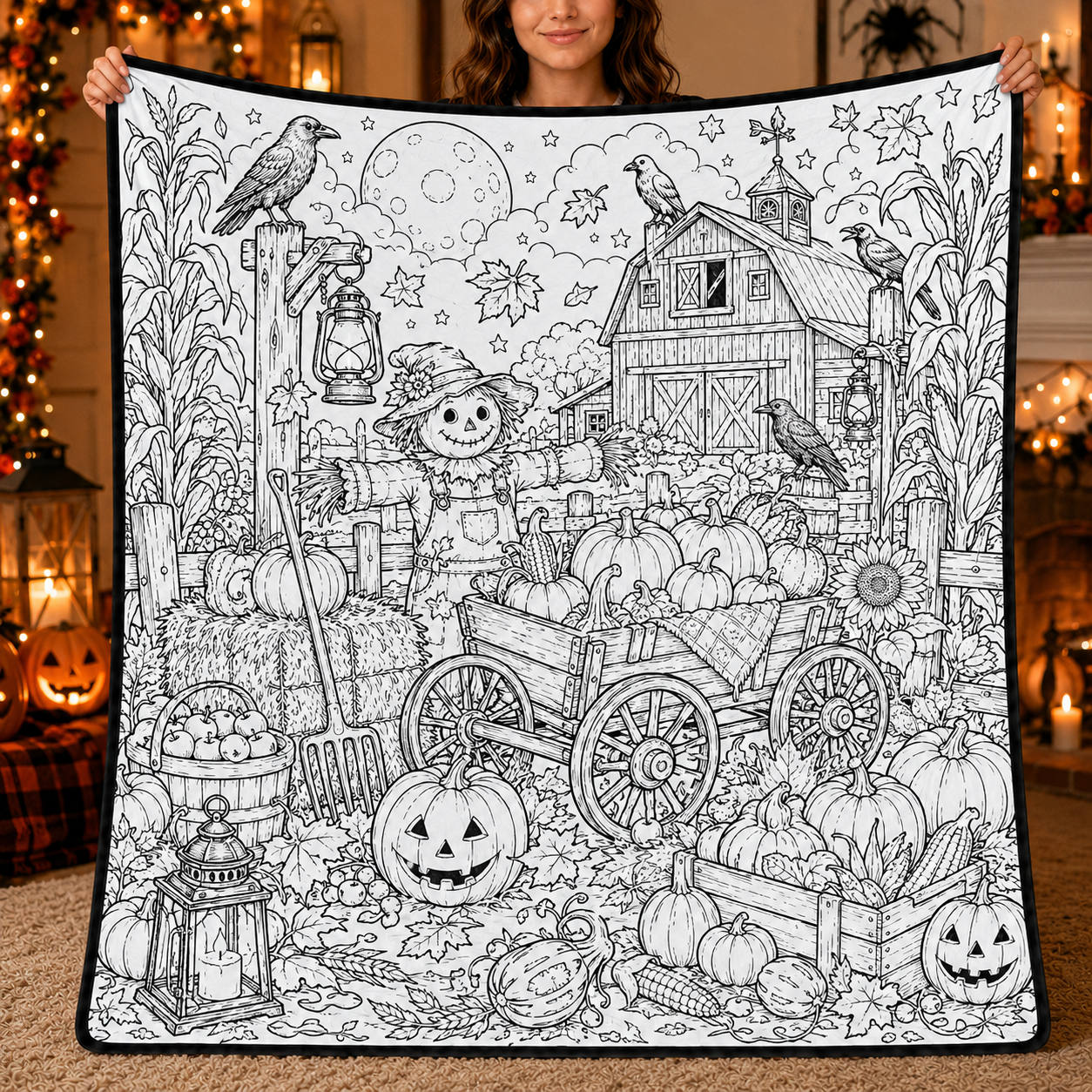 Halloween DIY Coloring Blanket, Black and White Line Art Throw, Ghost Pumpkin Witch Haunted House Coloring Activity Blanket for Kids & Adults, Holiday Gift